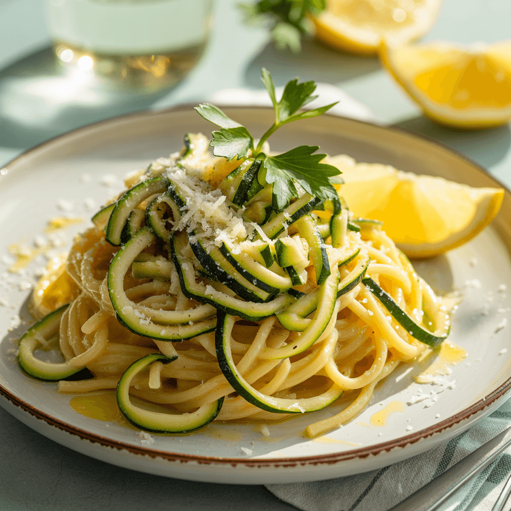 Zucchini-Pasta mit Knoblauch und Zitronenöl